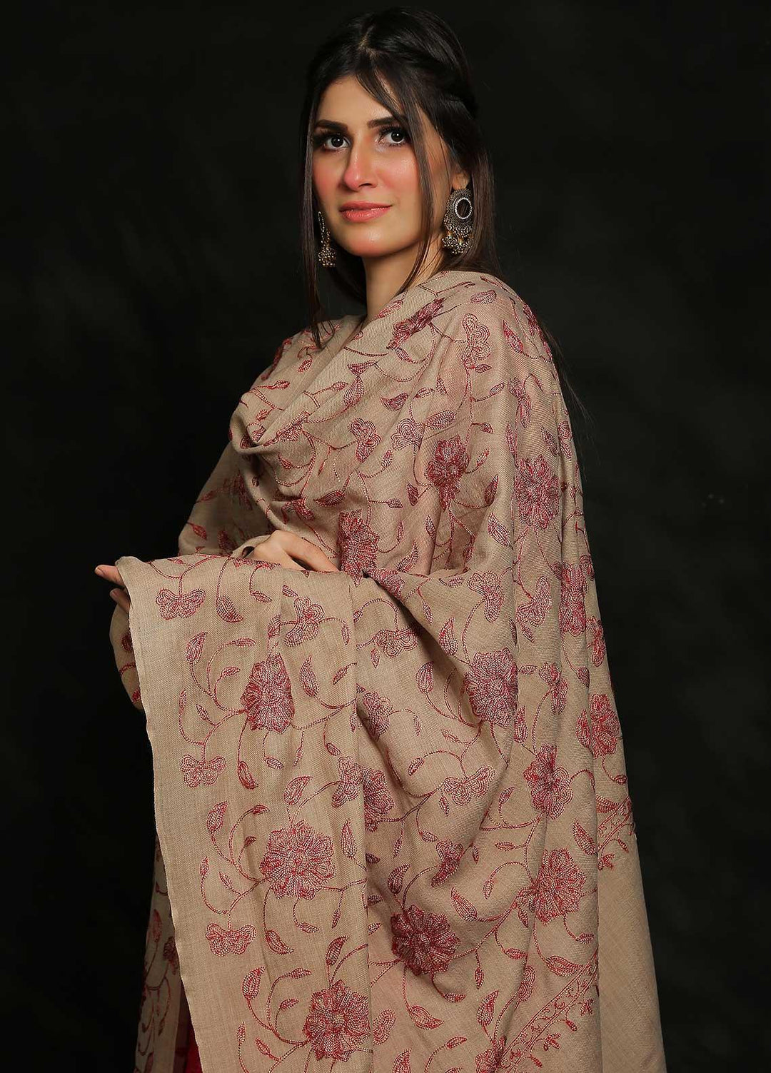 Sanaulla Exclusive Range Embroidered Pashmina  Shawl AKP-10 Brown-3 - Pashmina Shawls