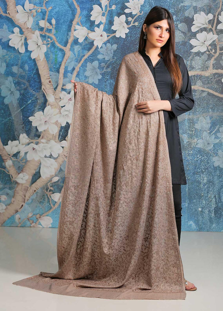 Sanaulla Exclusive Range Embroidered Pashmina  Shawl SU21PP AKP-11 Fawn-1 - Pure Pashmina Shawls
