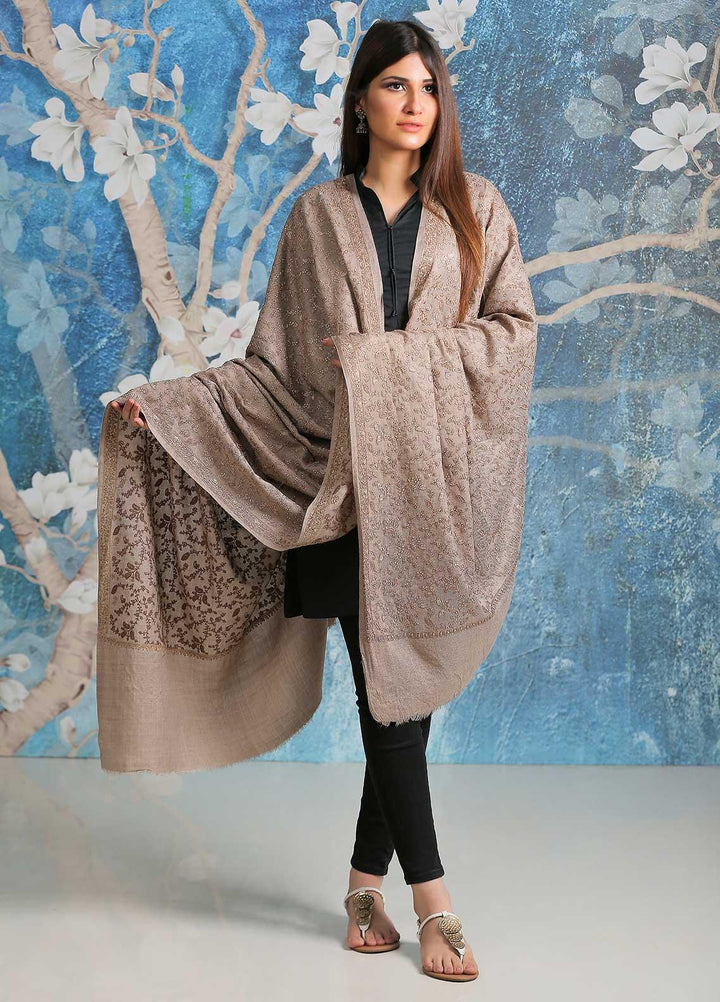 Sanaulla Exclusive Range Embroidered Pashmina  Shawl SU21PP AKP-11 Fawn-1 - Pure Pashmina Shawls