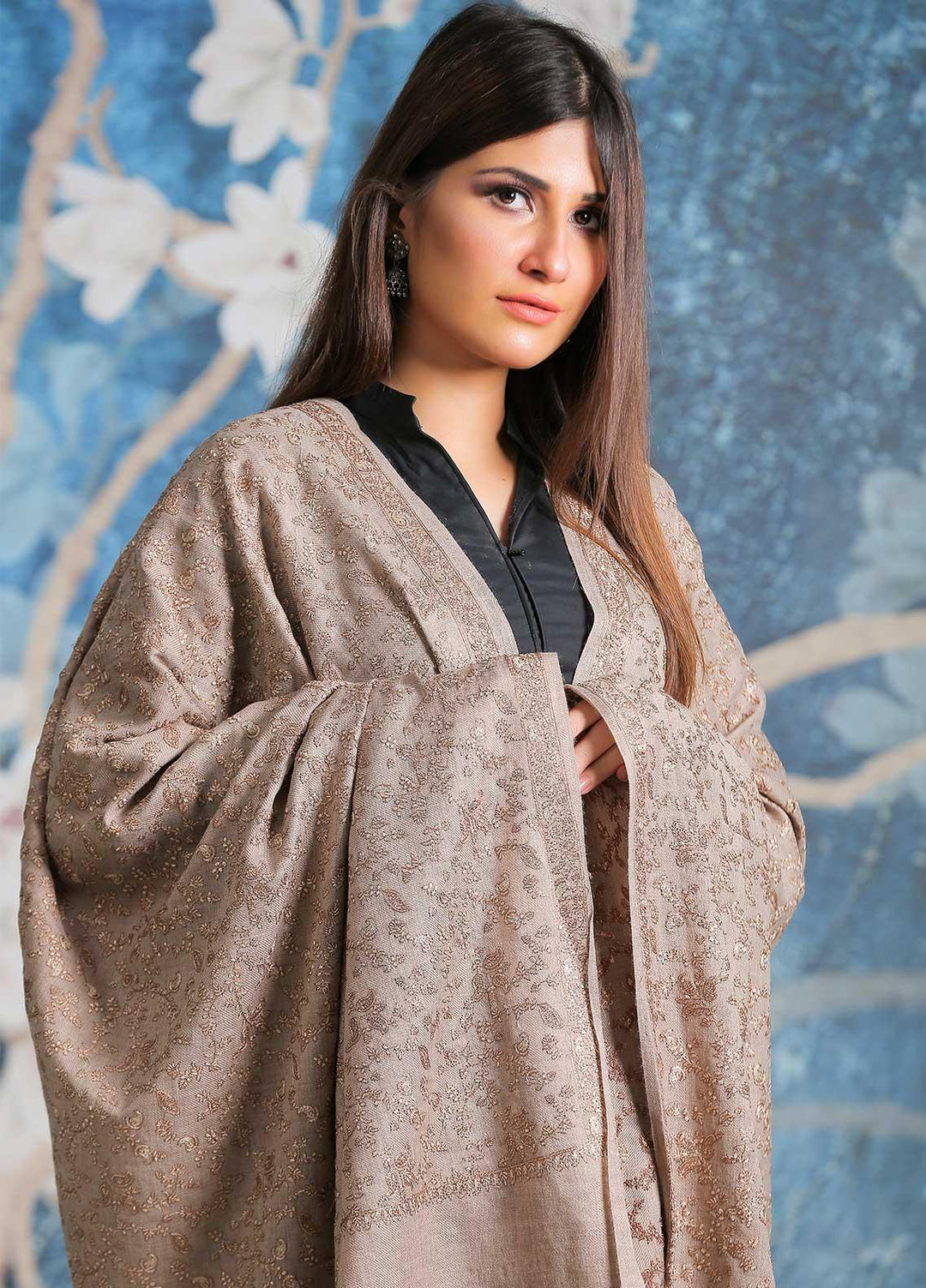 Sanaulla Exclusive Range Embroidered Pashmina  Shawl SU21PP AKP-11 Fawn-1 - Pure Pashmina Shawls