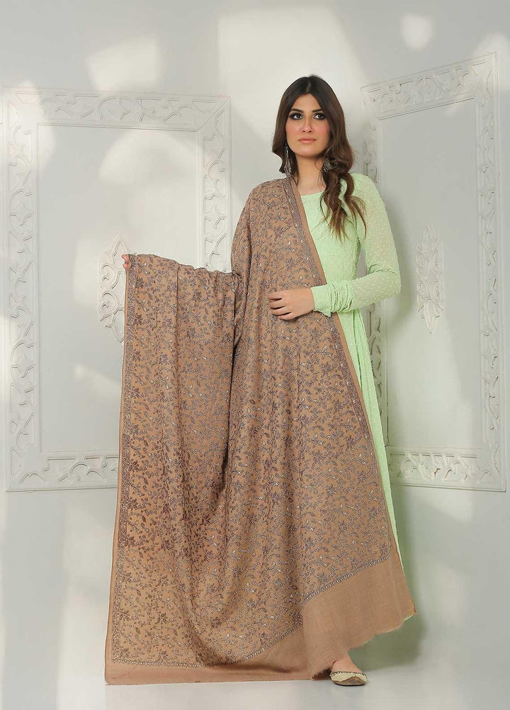 Sanaulla Exclusive Range Embroidered Pashmina  Shawl AKP-11 Fawn-8 - Pashmina Shawls