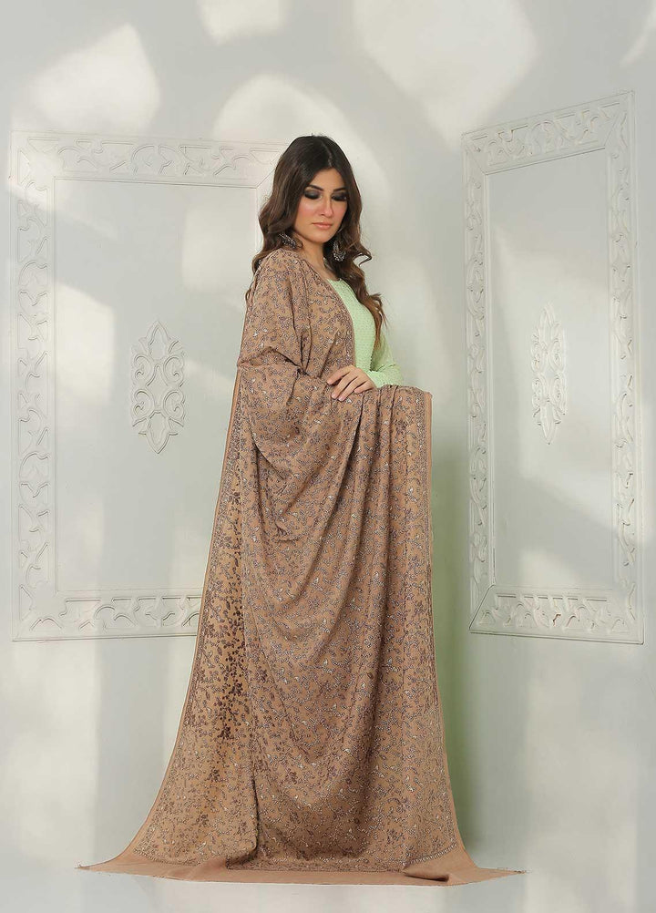 Sanaulla Exclusive Range Embroidered Pashmina  Shawl AKP-11 Fawn-8 - Pashmina Shawls