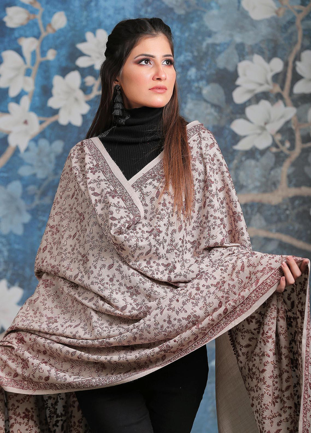 Sanaulla Exclusive Range Embroidered Pashmina  Shawl AKP-11 Grey-2 - Pashmina Shawls