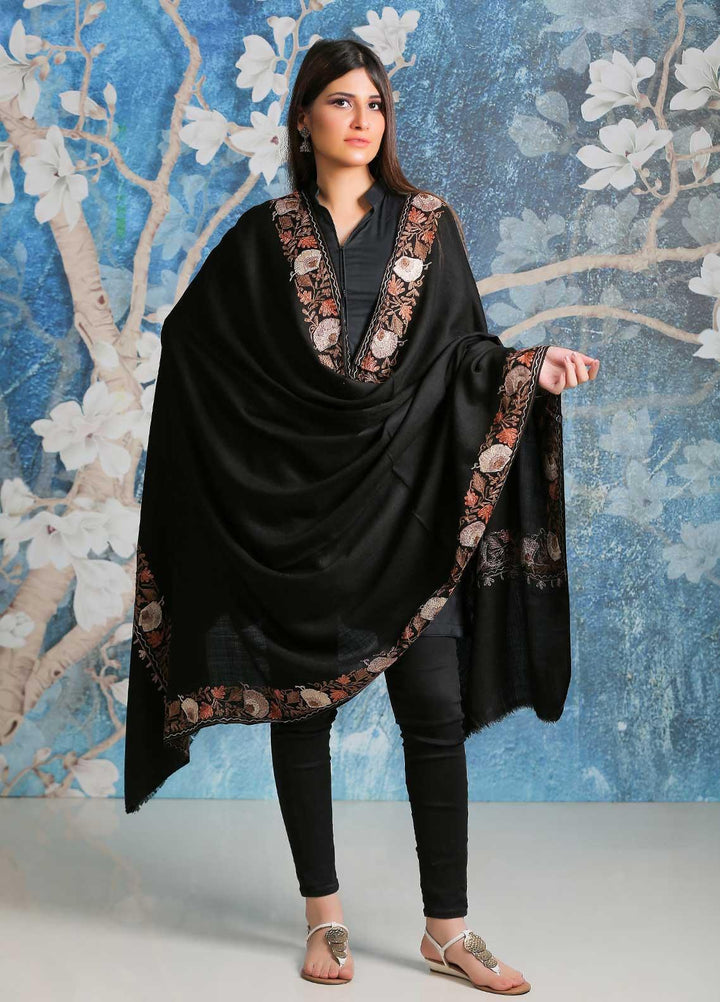 Sanaulla Exclusive Range Embroidered Pashmina  Shawl SU21PP AKP-12 Black - Pure Pashmina Shawls