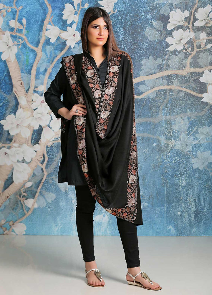 Sanaulla Exclusive Range Embroidered Pashmina  Shawl SU21PP AKP-12 Black - Pure Pashmina Shawls