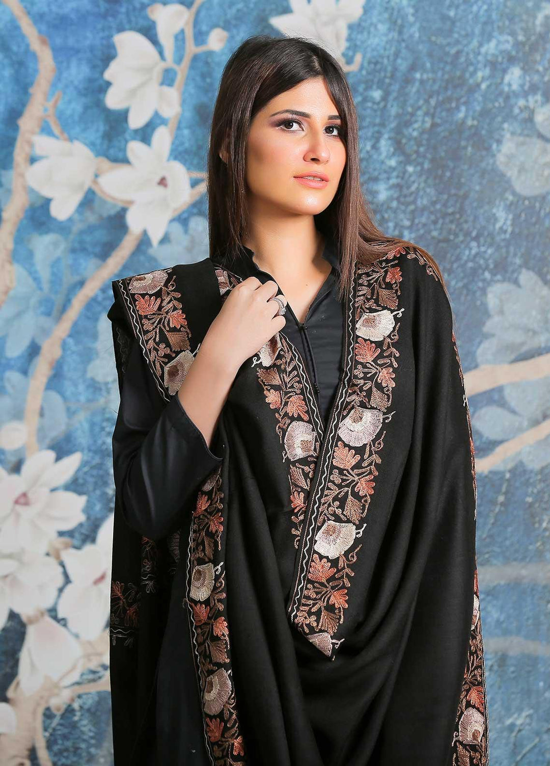 Sanaulla Exclusive Range Embroidered Pashmina  Shawl SU21PP AKP-12 Black - Pure Pashmina Shawls