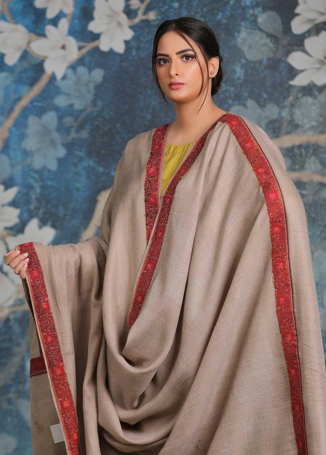 Sanaulla Exclusive Range Embroidered Pashmina  Shawl AKP-13 Brown - Pashmina Shawls