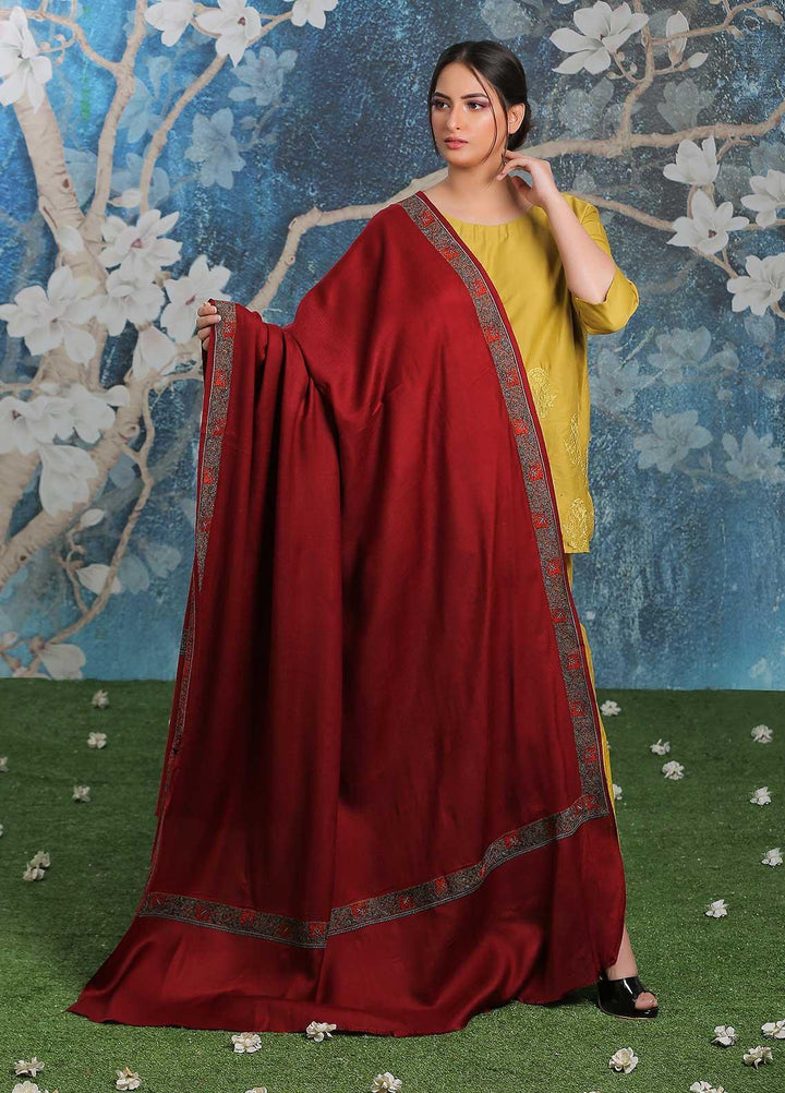 Sanaulla Exclusive Range Embroidered Pashmina  Shawl AKP-13 Maroon-2 - Pashmina Shawls