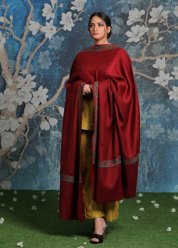 Sanaulla Exclusive Range Embroidered Pashmina  Shawl AKP-13 Maroon-2 - Pashmina Shawls