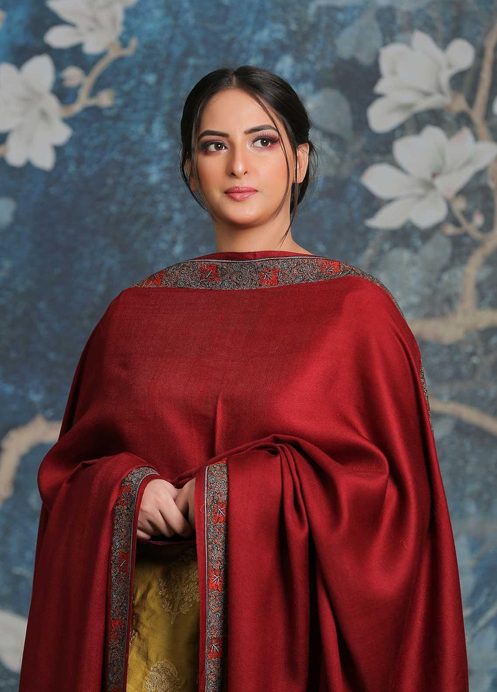 Sanaulla Exclusive Range Embroidered Pashmina  Shawl AKP-13 Maroon-2 - Pashmina Shawls