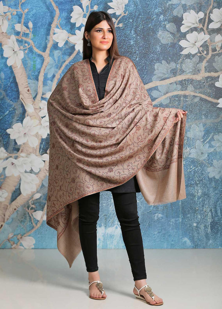 Sanaulla Exclusive Range Embroidered Pashmina  Shawl SU21PP AKP-14 Fawn-1 - Pure Pashmina Shawls