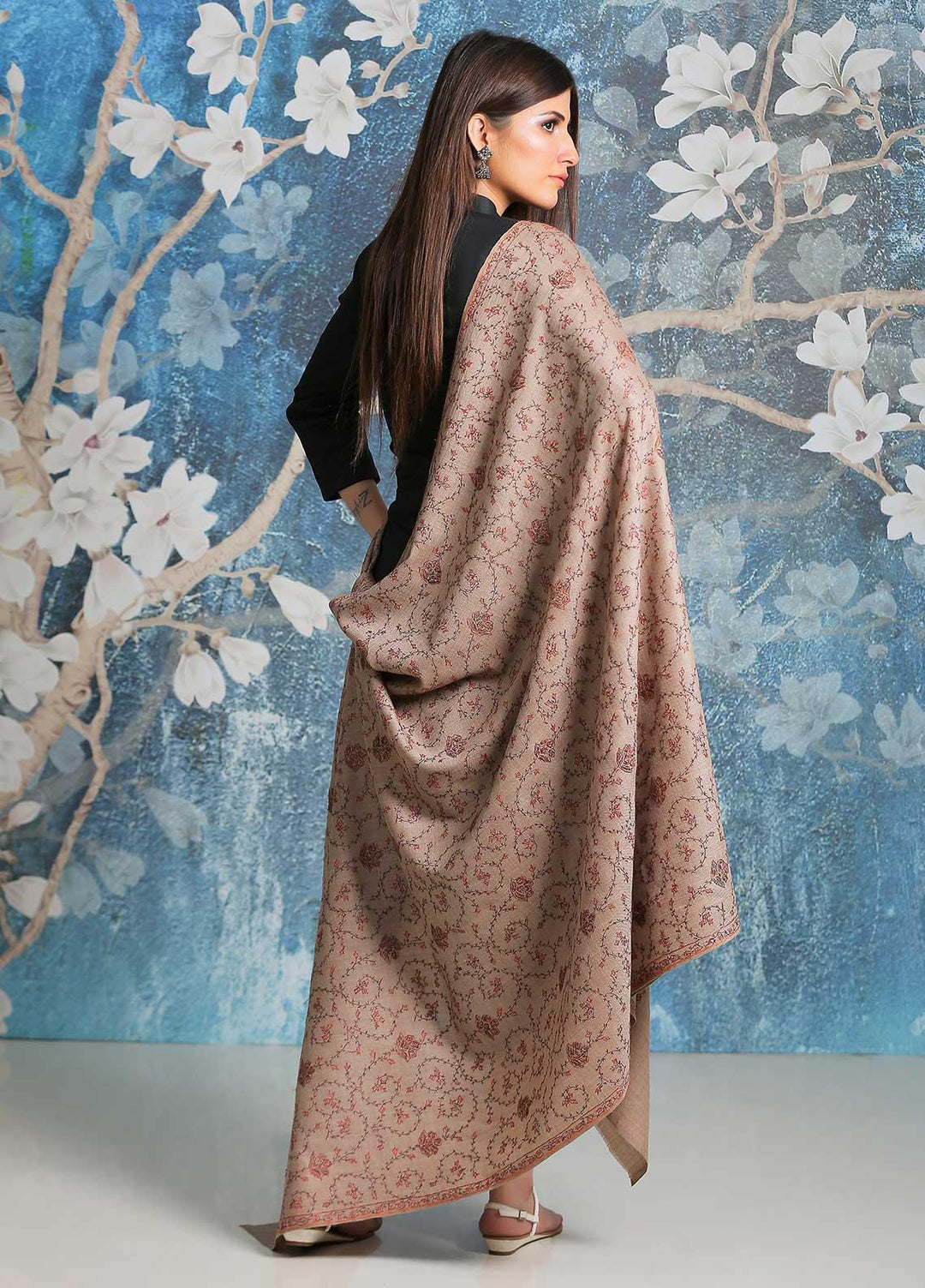 Sanaulla Exclusive Range Embroidered Pashmina  Shawl SU21PP AKP-14 Fawn-1 - Pure Pashmina Shawls