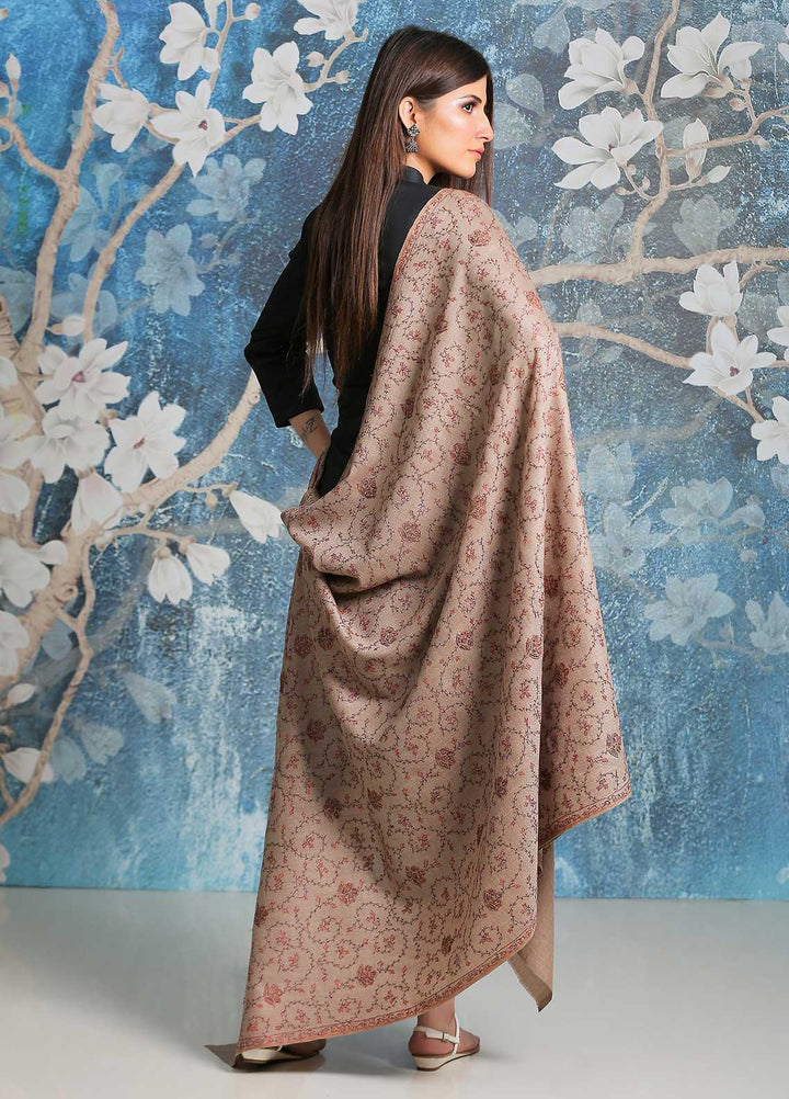 Sanaulla Exclusive Range Embroidered Pashmina  Shawl SU21PP AKP-14 Fawn-1 - Pure Pashmina Shawls