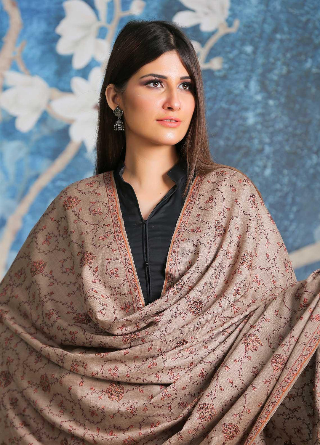 Sanaulla Exclusive Range Embroidered Pashmina  Shawl SU21PP AKP-14 Fawn-1 - Pure Pashmina Shawls