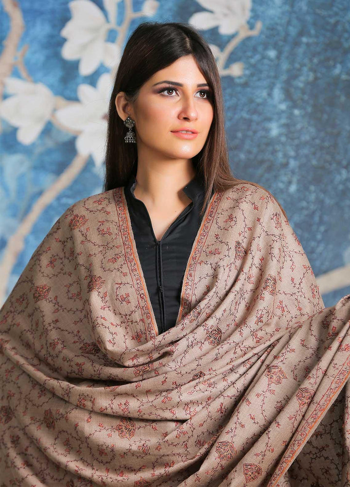 Sanaulla Exclusive Range Embroidered Pashmina  Shawl SU21PP AKP-14 Fawn-1 - Pure Pashmina Shawls