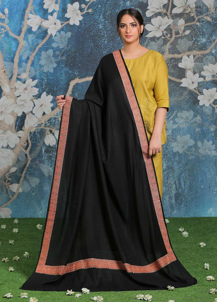 Sanaulla Exclusive Range Embroidered Pashmina  Shawl AKP-15 Black - Pashmina Shawls