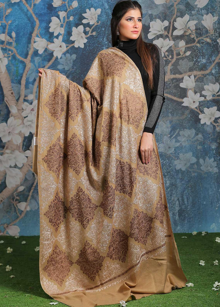 Sanaulla Exclusive Range Embroidered Pashmina  Shawl SU21PP AKP-16 Brown-2 - Pure Pashmina Shawls