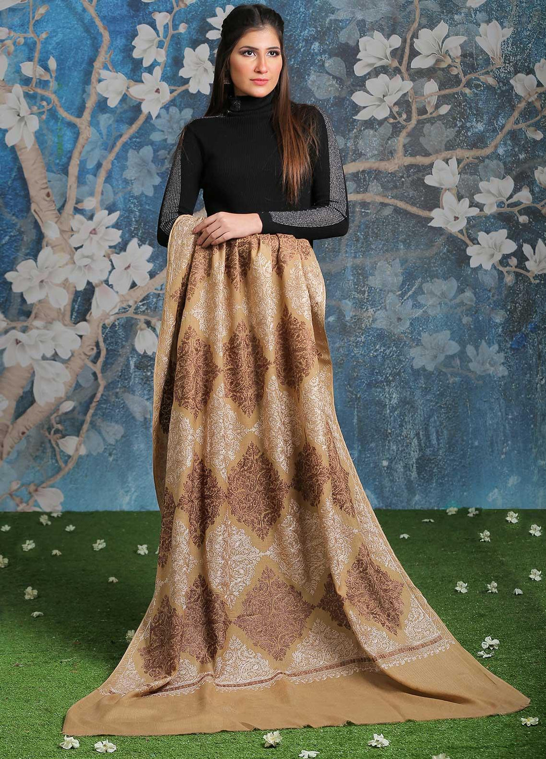 Sanaulla Exclusive Range Embroidered Pashmina  Shawl SU21PP AKP-16 Brown-2 - Pure Pashmina Shawls