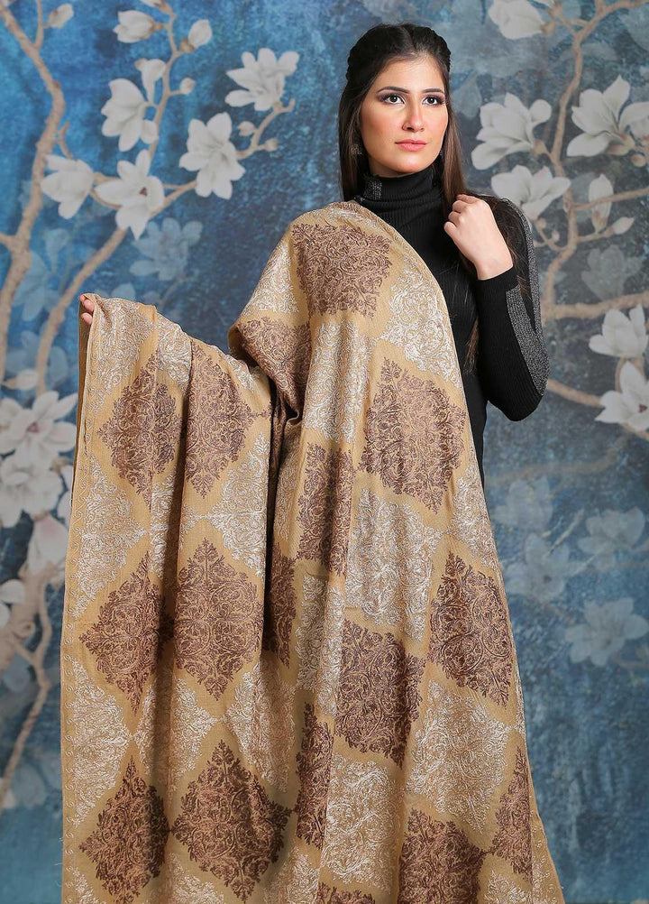 Sanaulla Exclusive Range Embroidered Pashmina  Shawl SU21PP AKP-16 Brown-2 - Pure Pashmina Shawls