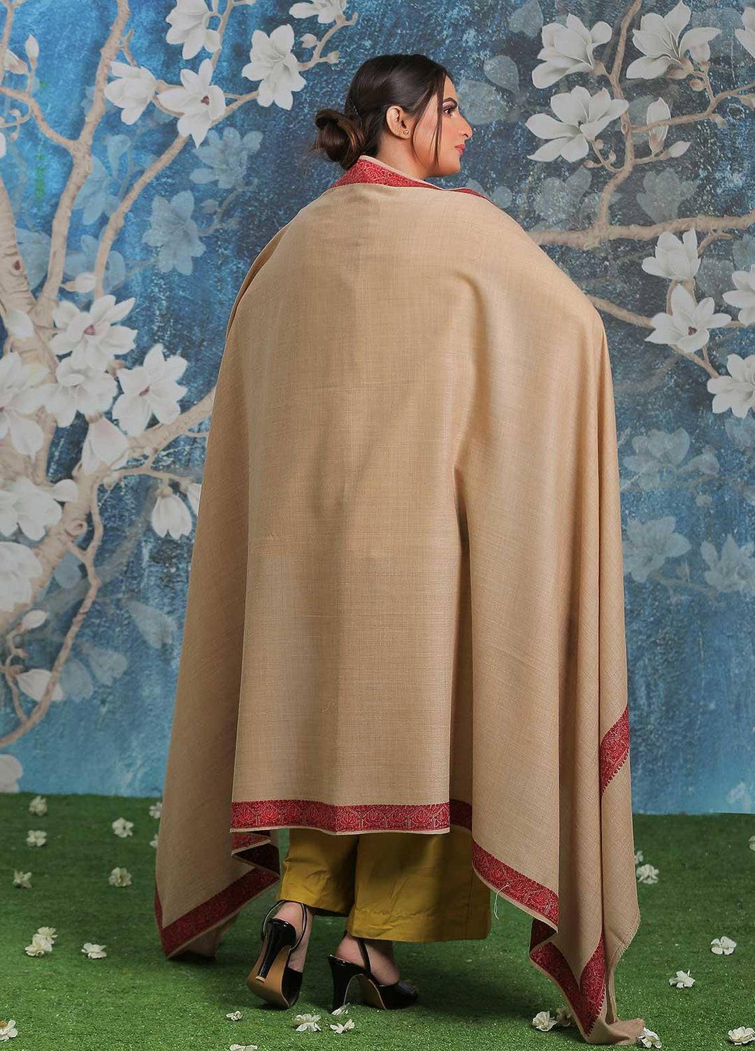 Sanaulla Exclusive Range Embroidered Pashmina  Shawl AKP-16 Fawn-4 - Pashmina Shawls