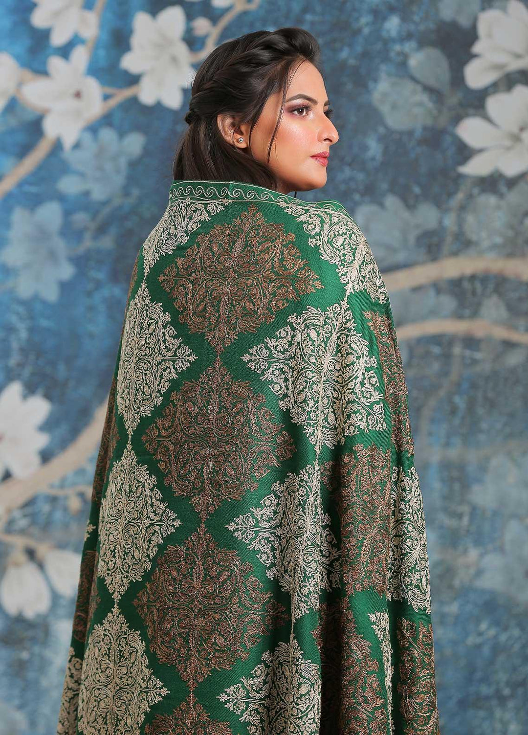 Sanaulla Exclusive Range Embroidered Pashmina  Shawl SU21PP AKP-16 Green - Pure Pashmina Shawls