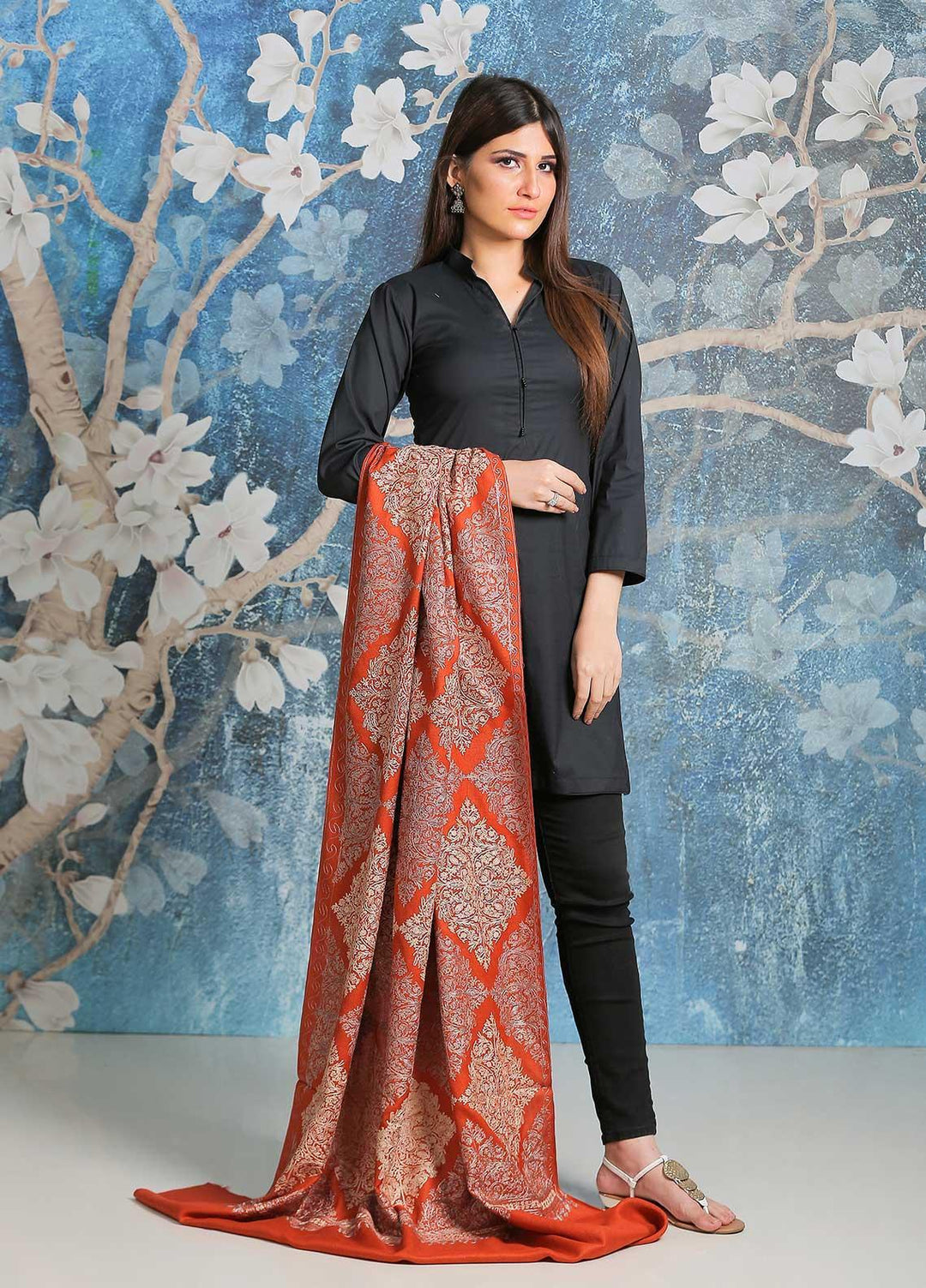 Sanaulla Exclusive Range Embroidered Pashmina  Shawl SU21PP AKP-16 orange - Pure Pashmina Shawls