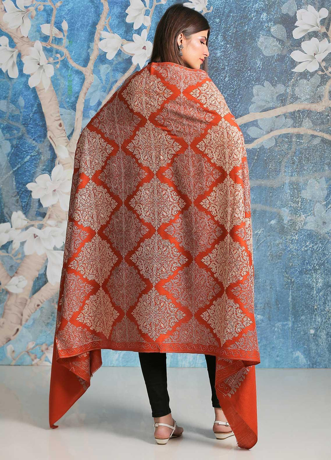 Sanaulla Exclusive Range Embroidered Pashmina  Shawl SU21PP AKP-16 orange - Pure Pashmina Shawls