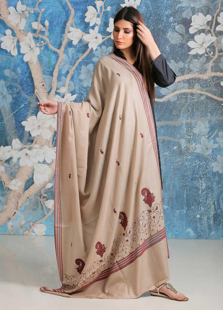 Sanaulla Exclusive Range Embroidered Pashmina  Shawl SU21PP AKP-17 Fawn-1 - Pure Pashmina Shawls
