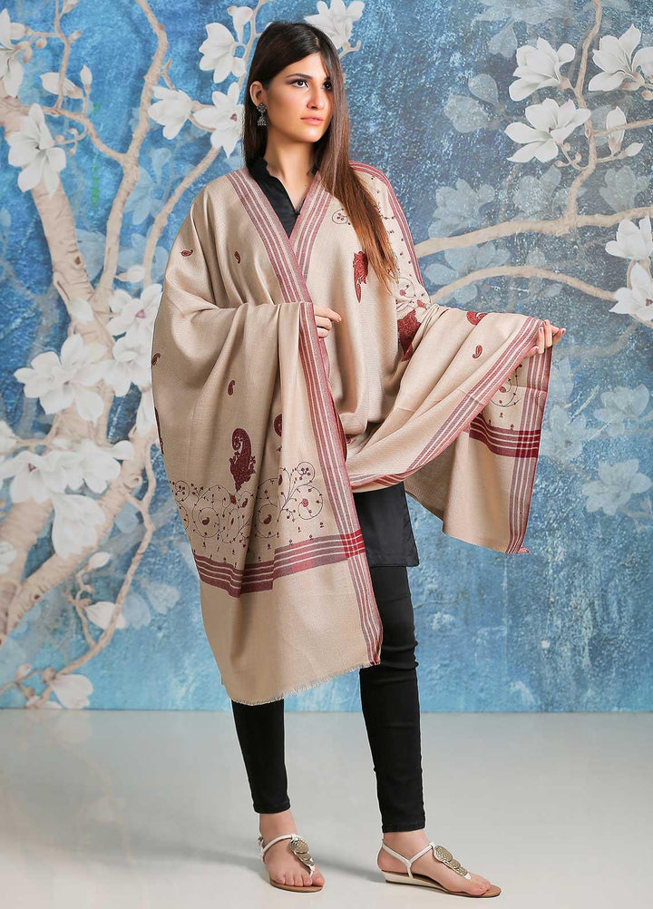 Sanaulla Exclusive Range Embroidered Pashmina  Shawl SU21PP AKP-17 Fawn-1 - Pure Pashmina Shawls