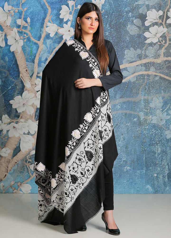 Sanaulla Exclusive Range Embroidered Pashmina  Shawl SU21PP AKP-18 Black - Pure Pashmina Shawls