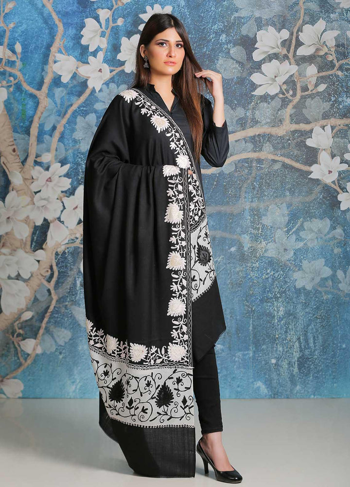 Sanaulla Exclusive Range Embroidered Pashmina  Shawl SU21PP AKP-18 Black - Pure Pashmina Shawls