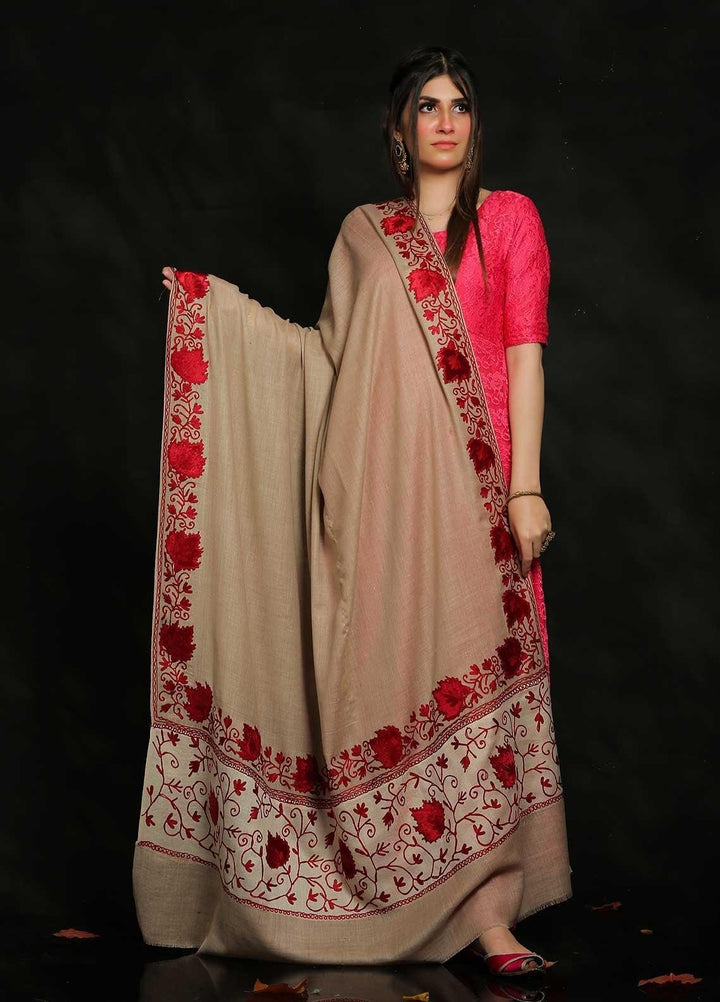 Sanaulla Exclusive Range Embroidered Pashmina  Shawl AKP-18 Brown-1 - Pashmina Shawls