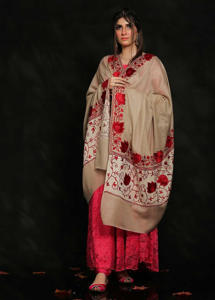 Sanaulla Exclusive Range Embroidered Pashmina  Shawl AKP-18 Brown-1 - Pashmina Shawls