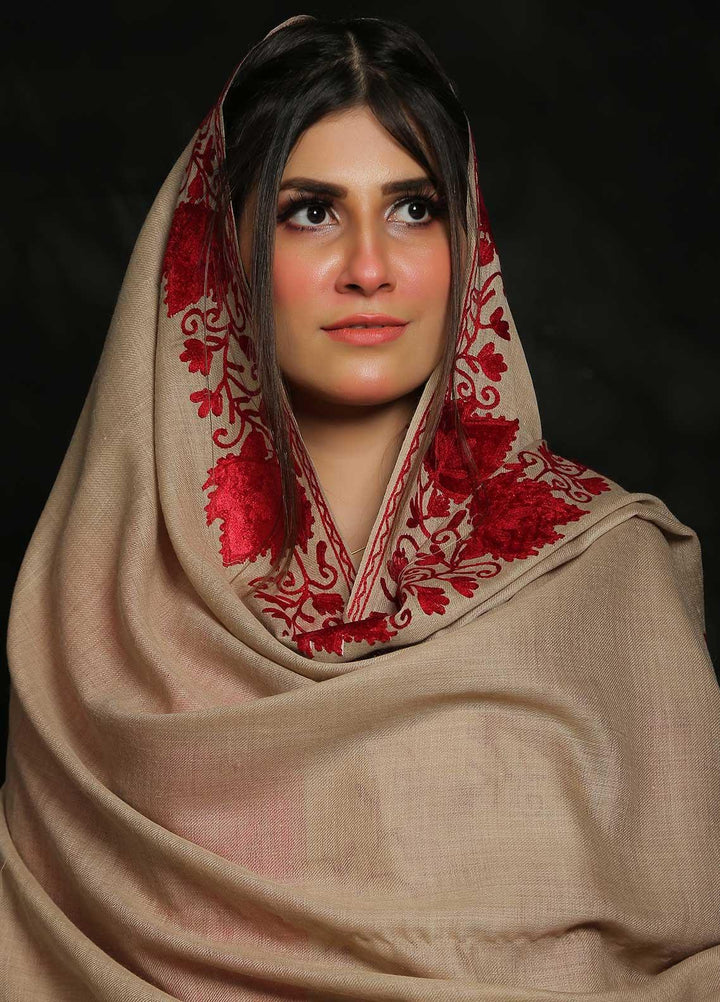 Sanaulla Exclusive Range Embroidered Pashmina  Shawl AKP-18 Brown-1 - Pashmina Shawls