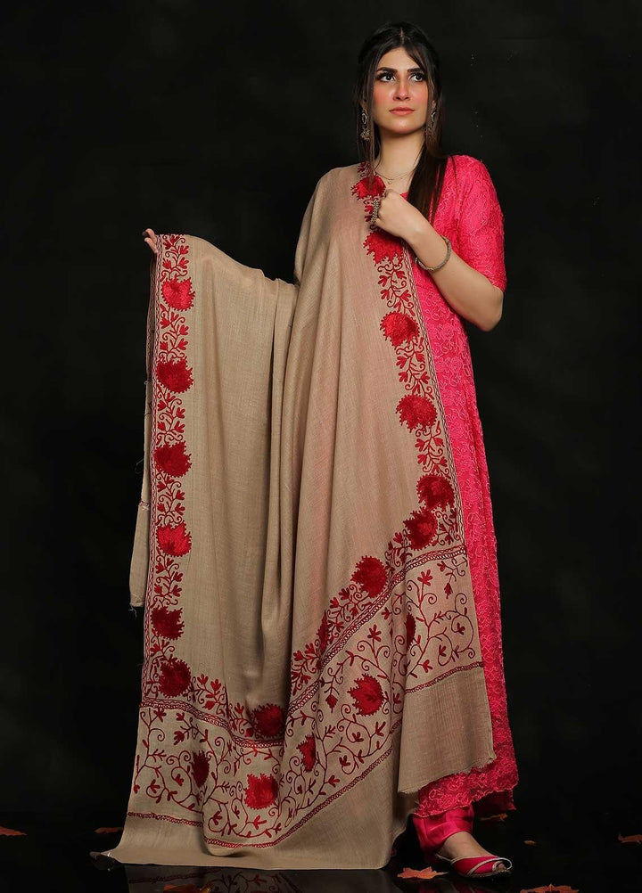Sanaulla Exclusive Range Embroidered Pashmina  Shawl AKP-18 Fawn - Pashmina Shawls