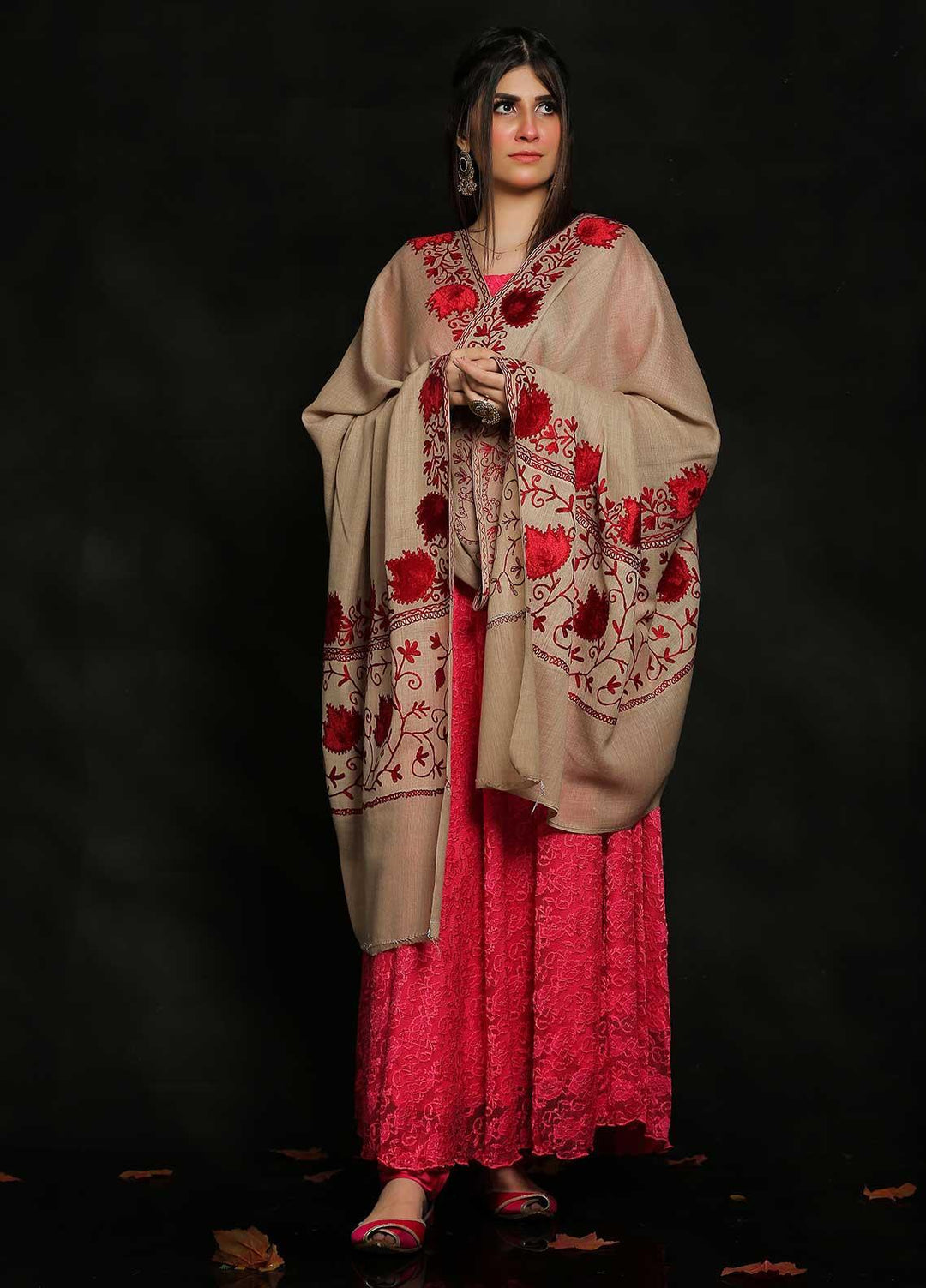 Sanaulla Exclusive Range Embroidered Pashmina  Shawl AKP-18 Fawn - Pashmina Shawls
