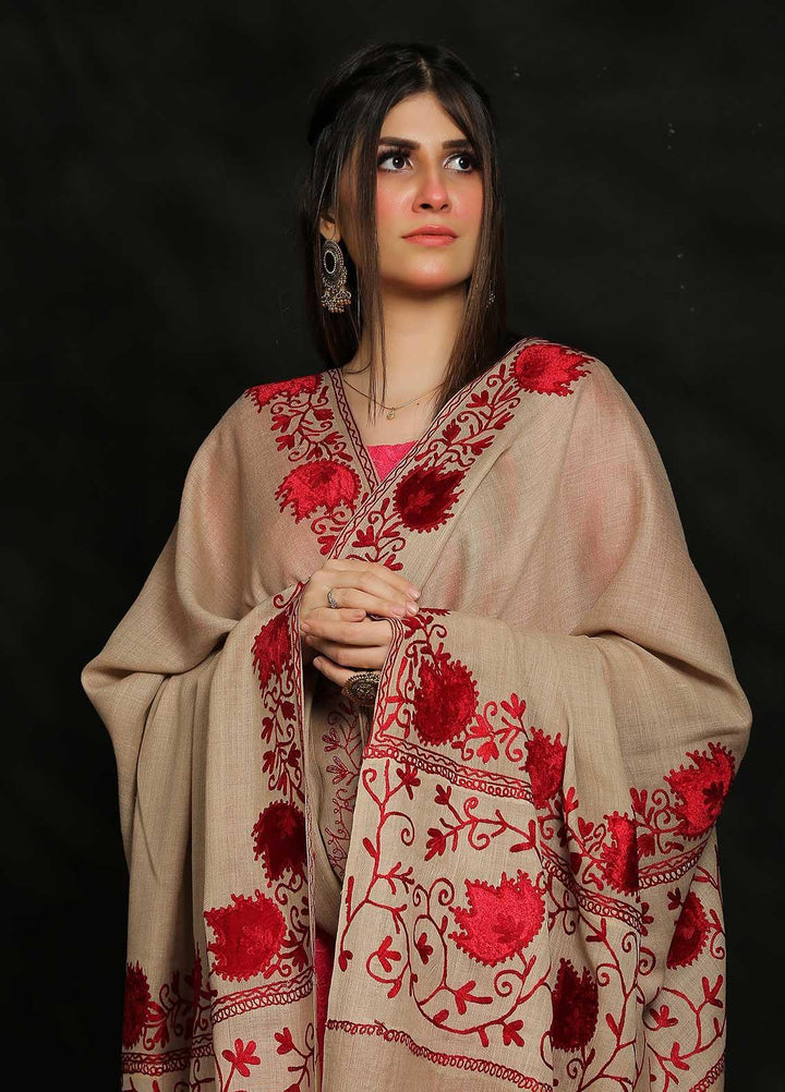 Sanaulla Exclusive Range Embroidered Pashmina  Shawl AKP-18 Fawn - Pashmina Shawls