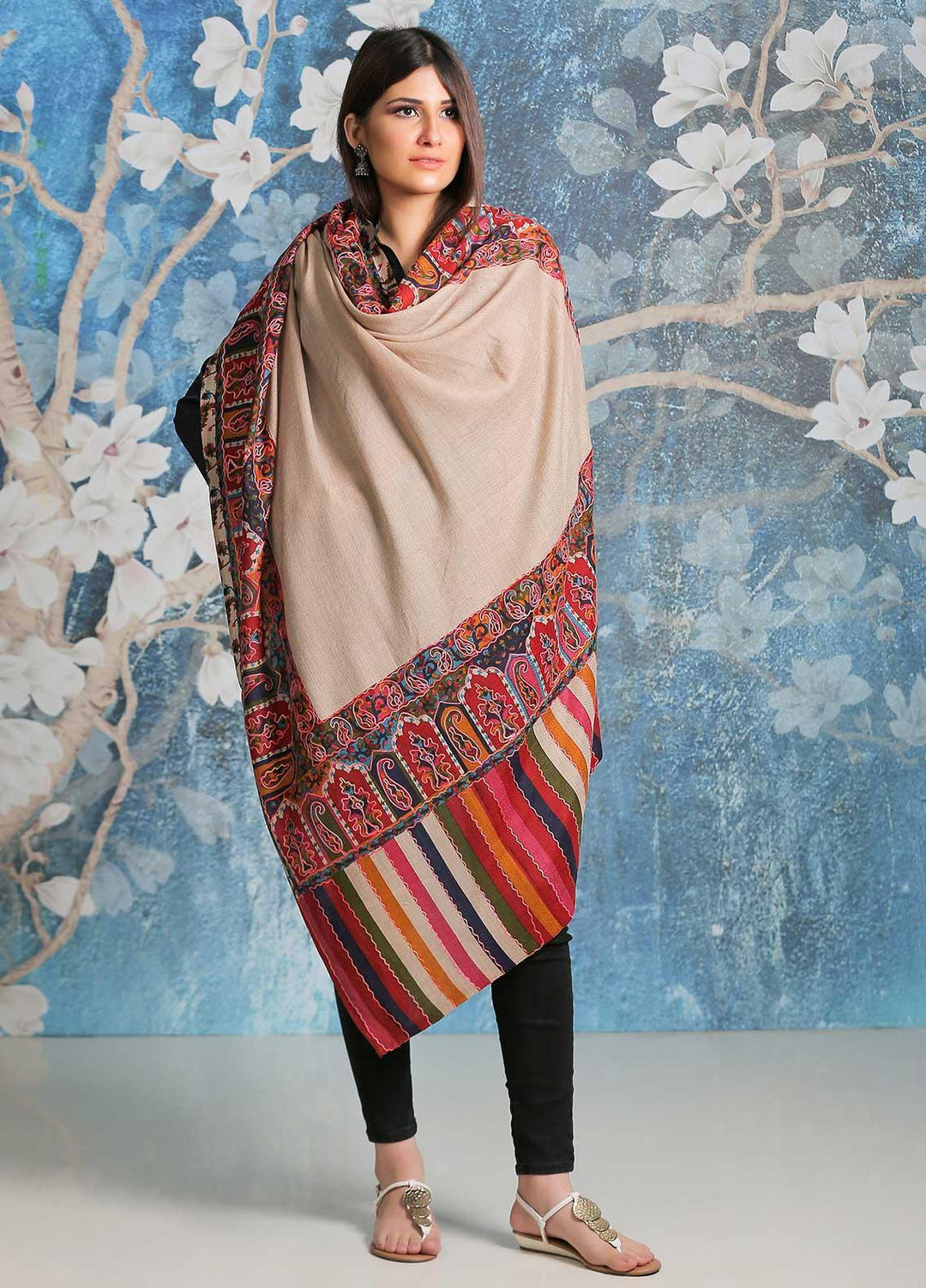 Sanaulla Exclusive Range Embroidered Pashmina  Shawl SU21PP AKP-19 Multi-1 - Pure Pashmina Shawls