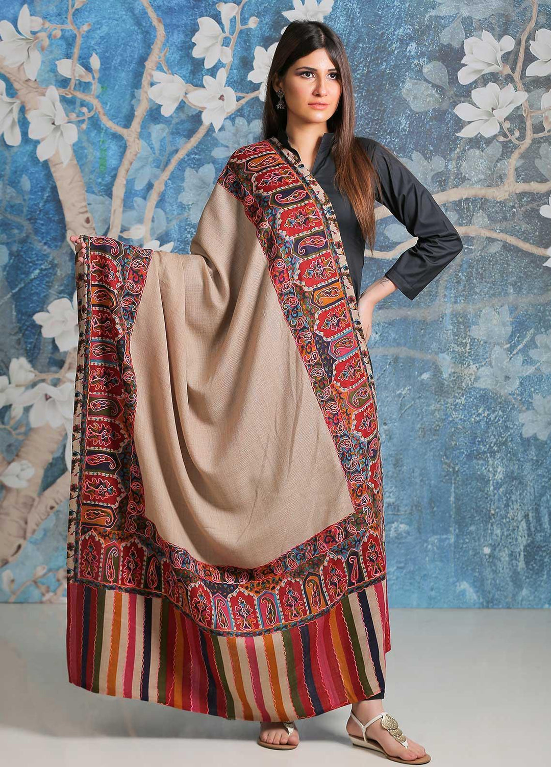 Sanaulla Exclusive Range Embroidered Pashmina  Shawl SU21PP AKP-19 Multi-1 - Pure Pashmina Shawls