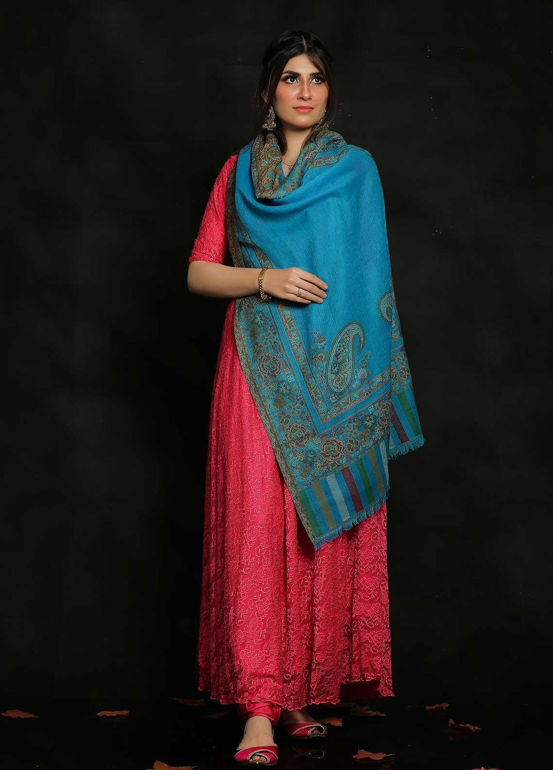 Sanaulla Exclusive Range Embroidered Pashmina  Shawl AKP-199 S/Green - Pashmina Shawls