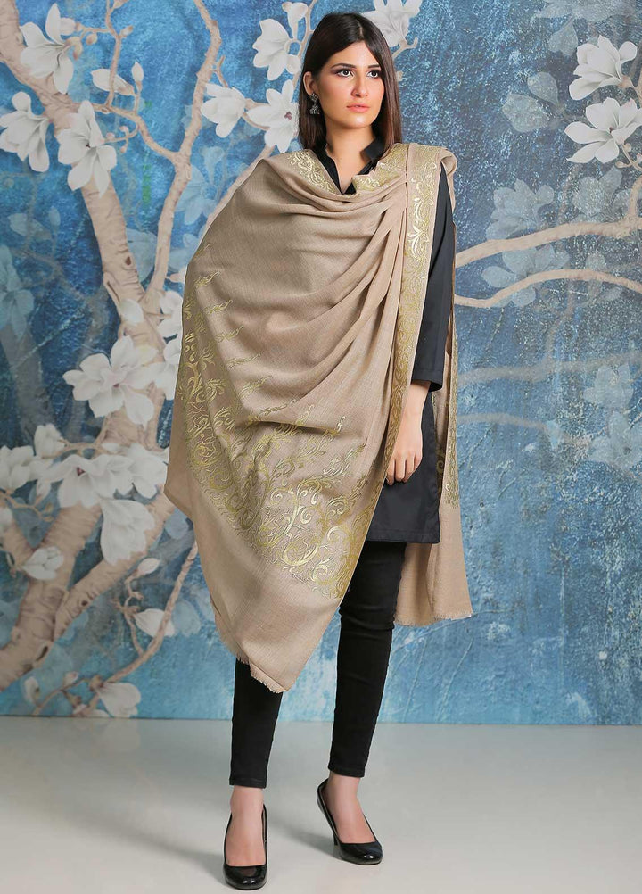 Sanaulla Exclusive Range Embroidered Pashmina  Shawl SU21PP AKP-20 Fawn - Pure Pashmina Shawls