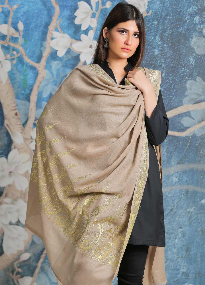 Sanaulla Exclusive Range Embroidered Pashmina  Shawl SU21PP AKP-20 Fawn - Pure Pashmina Shawls