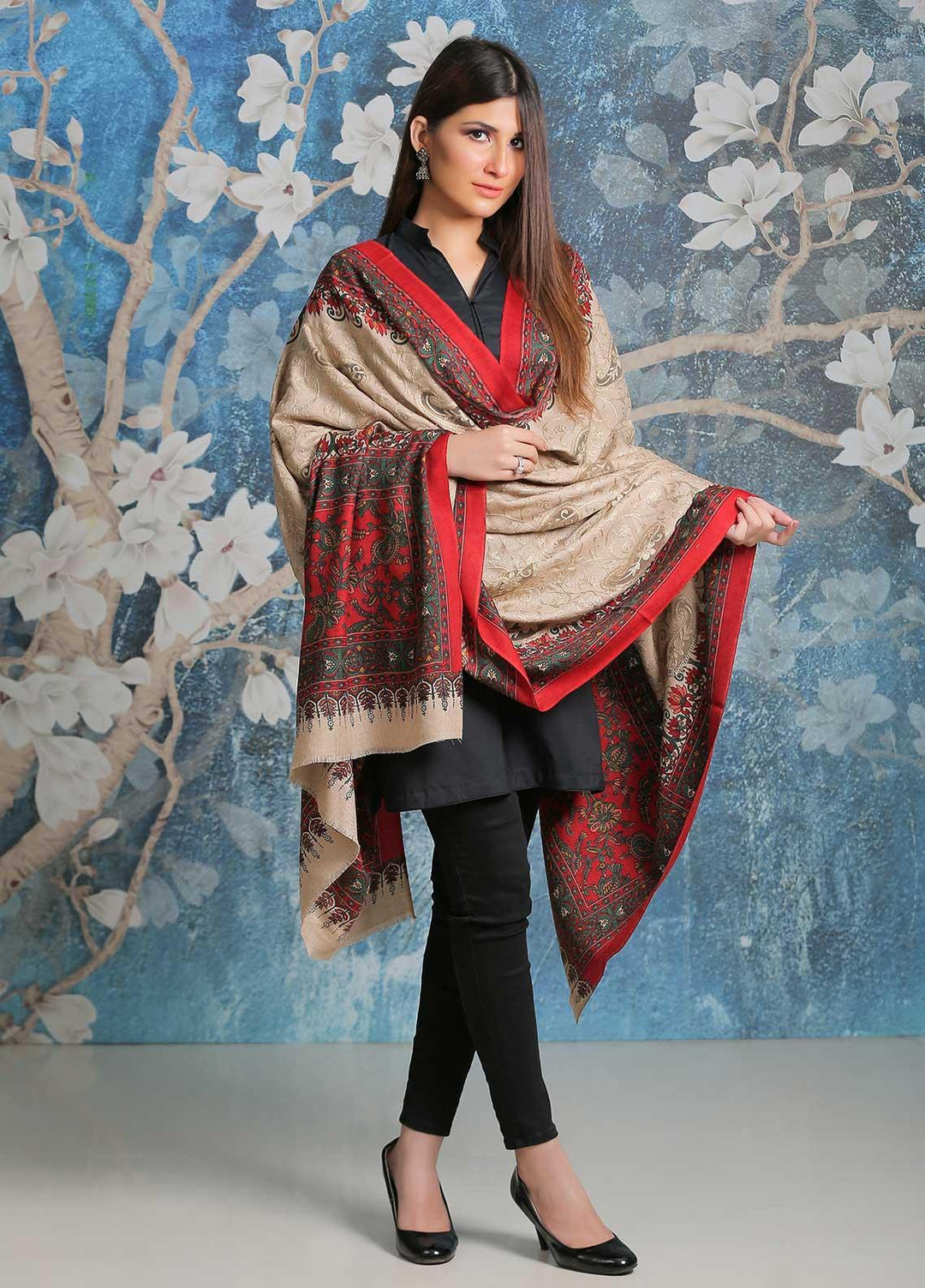 Sanaulla Exclusive Range Embroidered Pashmina  Shawl SU21PP AKP-21 Fawn-1 - Pure Pashmina Shawls