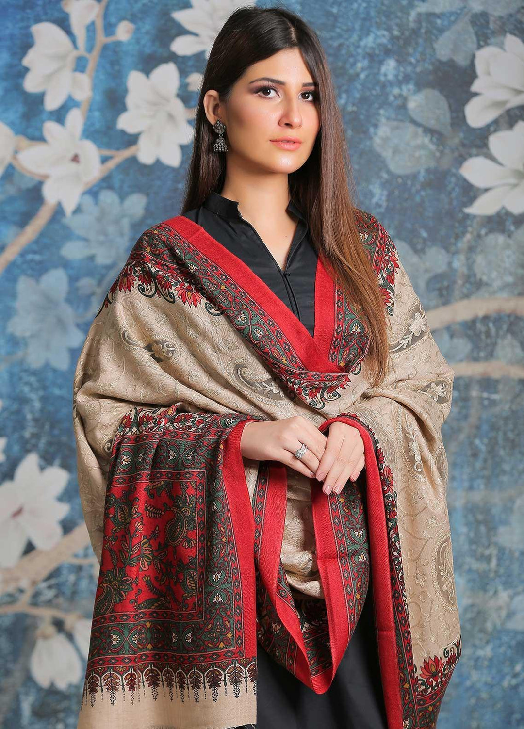 Sanaulla Exclusive Range Embroidered Pashmina  Shawl SU21PP AKP-21 Fawn-1 - Pure Pashmina Shawls