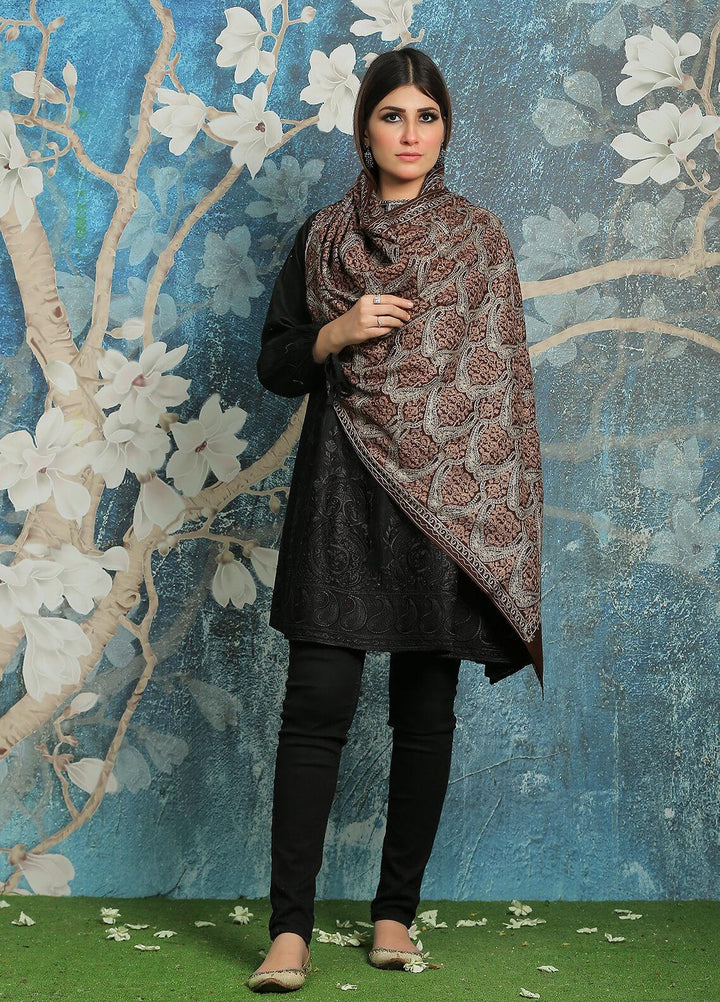 Sanaulla Exclusive Range Embroidered Pashmina  Shawl AKP-23 Brown-3 - Pashmina Shawls