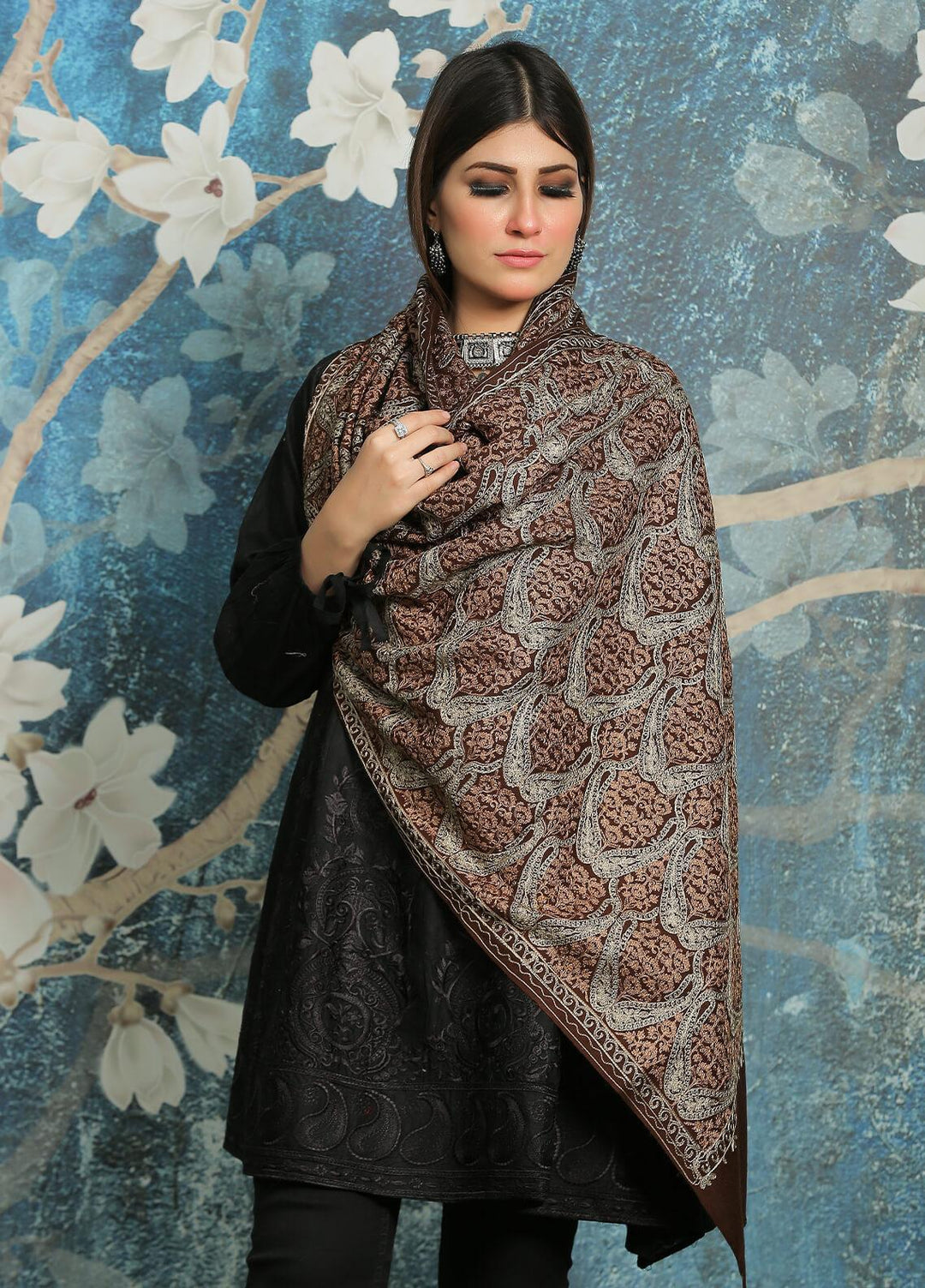 Sanaulla Exclusive Range Embroidered Pashmina  Shawl AKP-23 Brown-3 - Pashmina Shawls