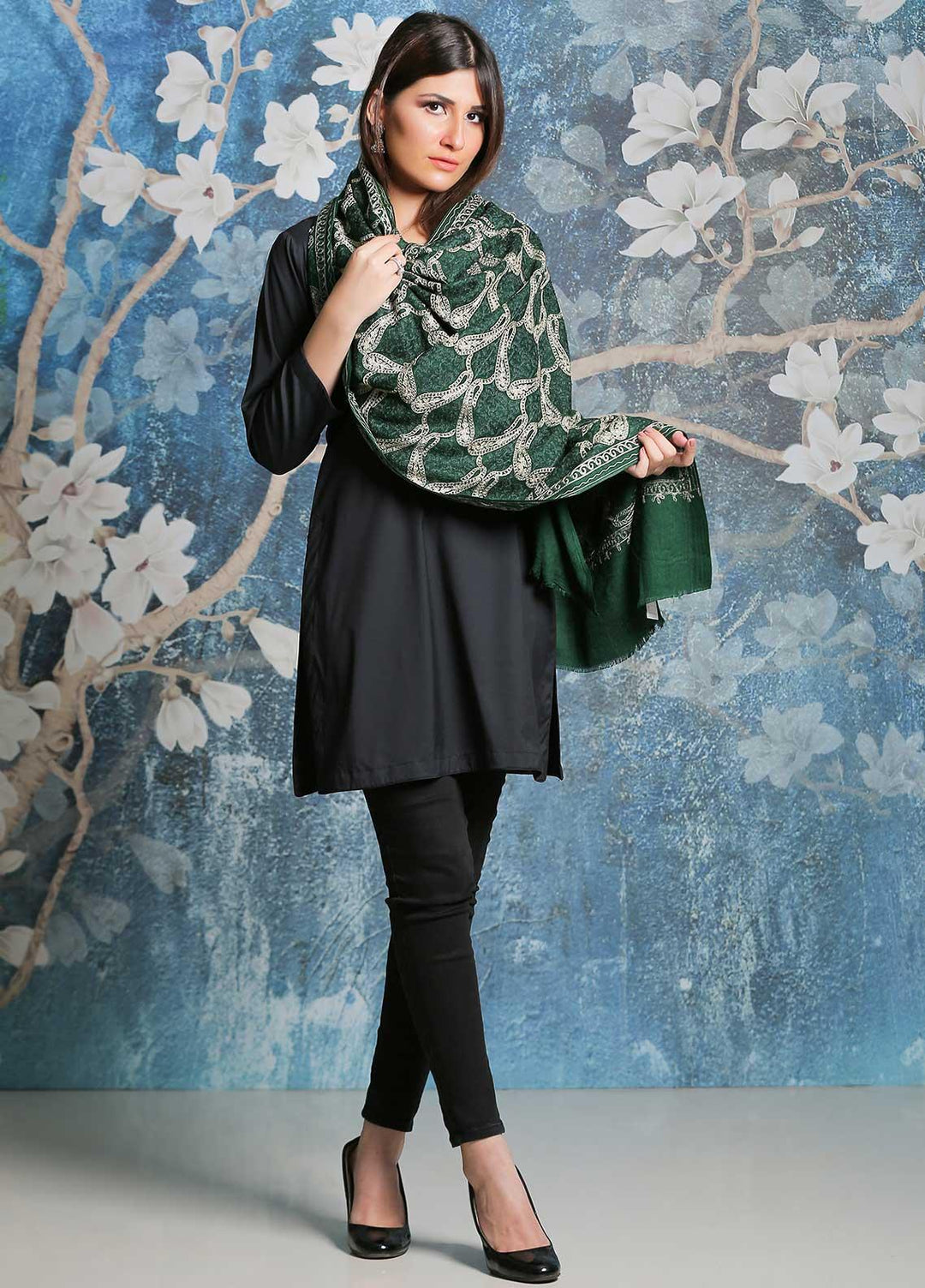 Sanaulla Exclusive Range Embroidered Pashmina  Shawl SU21PP AKP-23 Green - Pure Pashmina Shawls