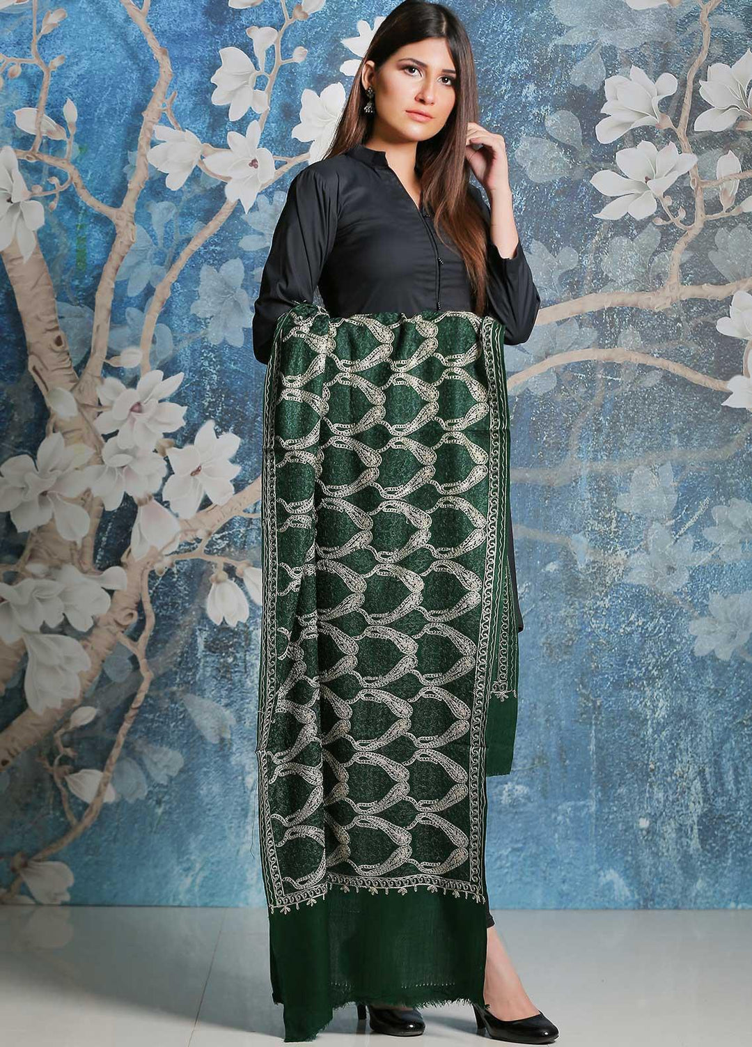 Sanaulla Exclusive Range Embroidered Pashmina  Shawl SU21PP AKP-23 Green - Pure Pashmina Shawls