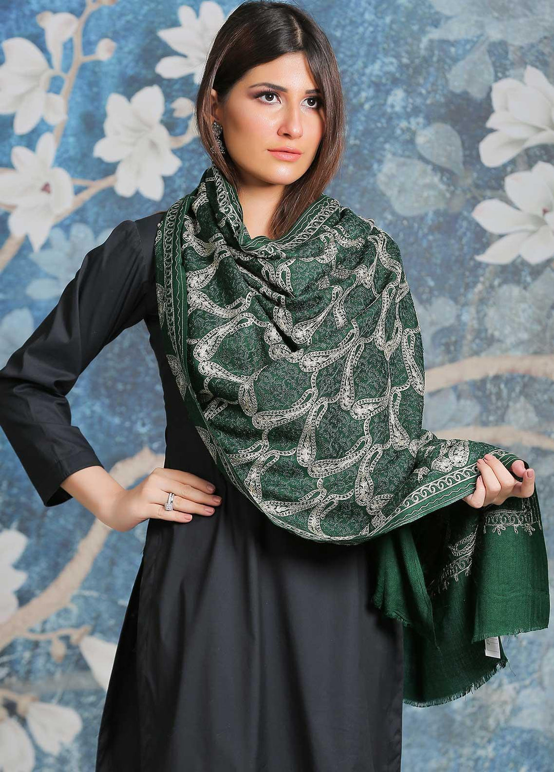 Sanaulla Exclusive Range Embroidered Pashmina  Shawl SU21PP AKP-23 Green - Pure Pashmina Shawls