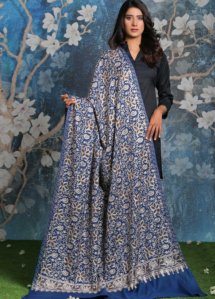 Sanaulla Exclusive Range Embroidered Pashmina  Shawl SU21PP AKP-24 Blue - Pure Pashmina Shawls